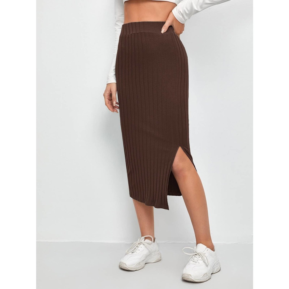 Slit Hem Rib knit Pencil Skirt midi business casual black - Picture 9 of 11